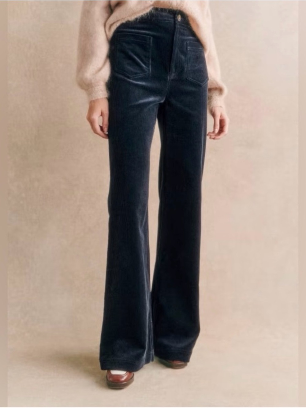 Sezane Navy Corduroy Boot-Cut Pants